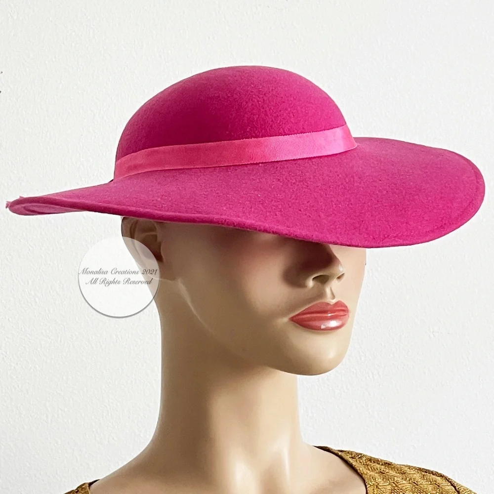 Bollman Wide Brim Hat Cartwheel Hat Doeskin Felt Wool Pink Fuchsia Vintage